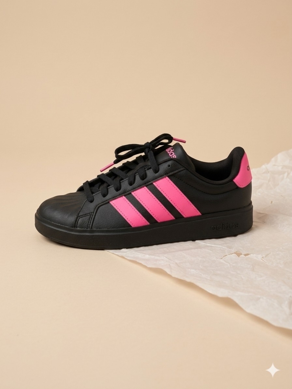 adidas Women's Black Sneakers with Bright Pink Three Stripes